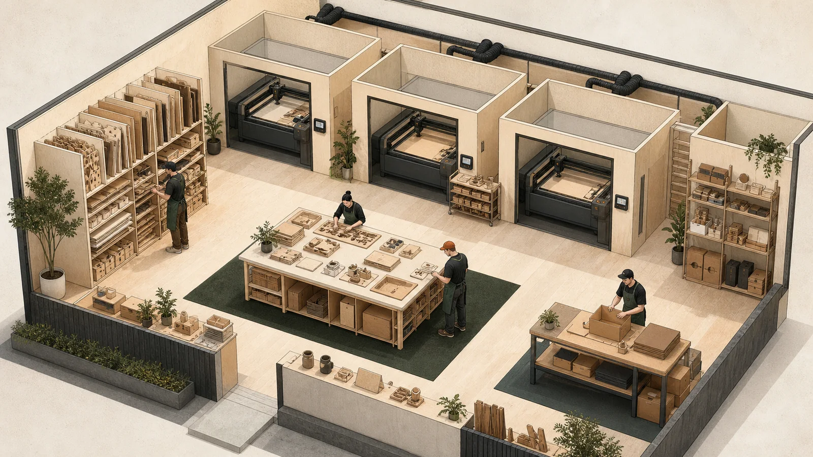 Illustrative view of an organized medium-sized laser-cutting workshop